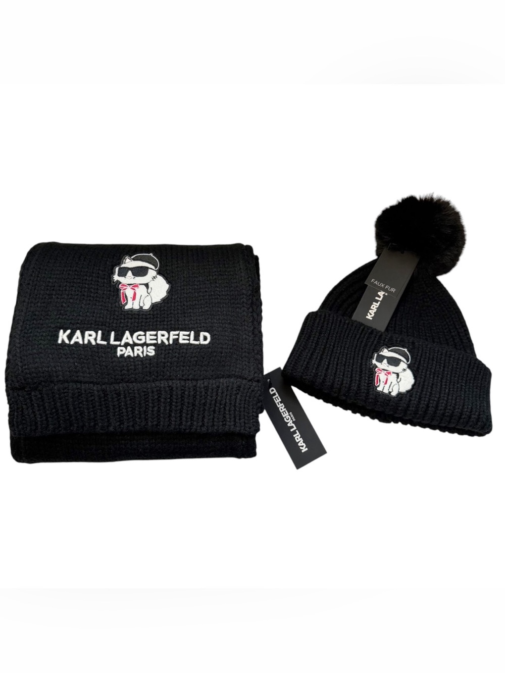 NWT Karl Lagerfeld Paris Choupette French Cat Knit Scarf & Pom Pom Hat Set